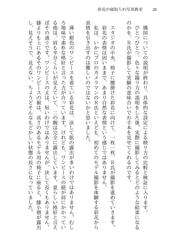 彩花の寝取られ写真教室 -愛しい妻の姿を撮影したくて写真教室に通うことにしたダメ夫が受講生全員に妻を寝取られて、妻と他人のセックスの撮影係にさせられるまで 20ページ