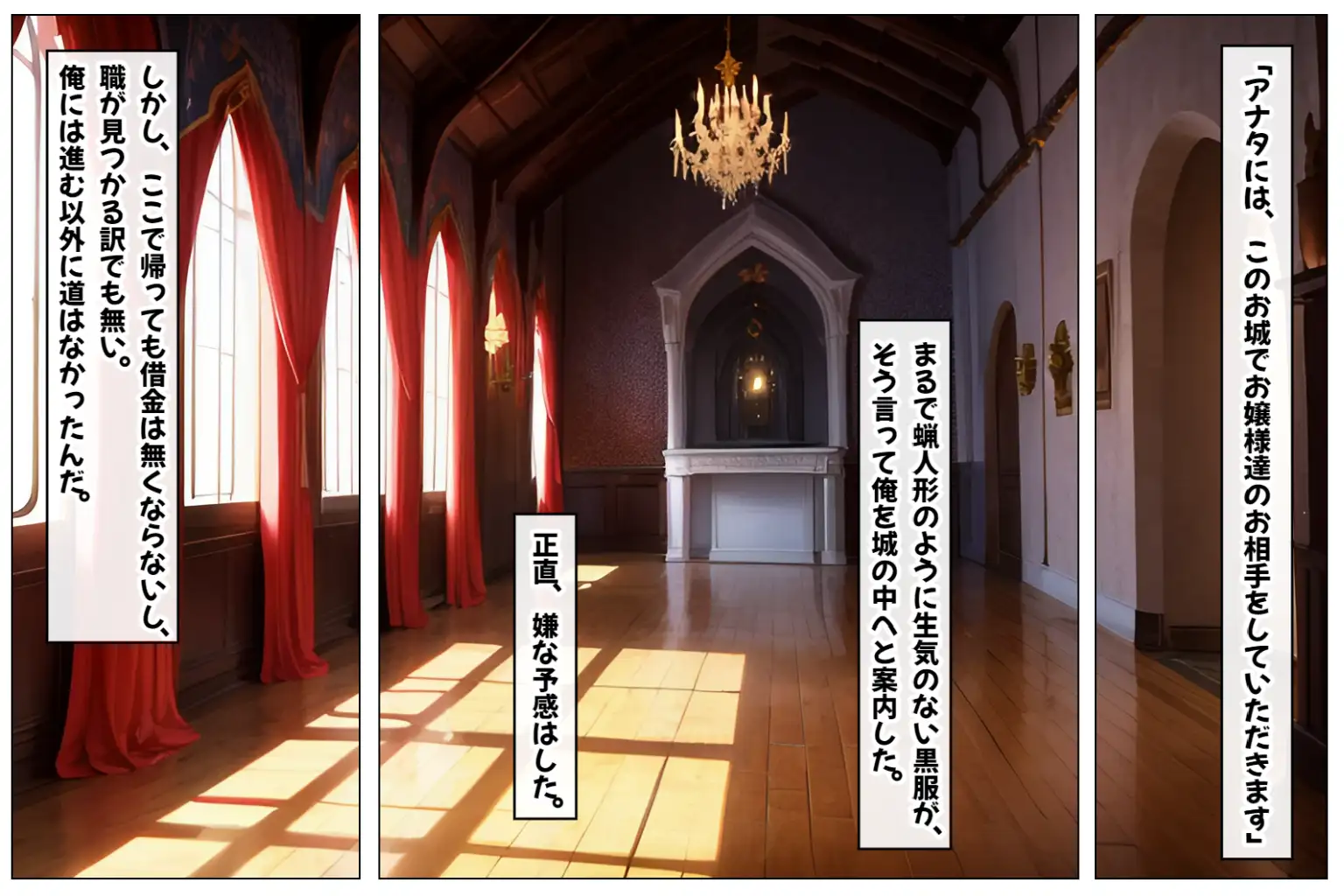 サキュバスハーレム城へようこそ!〜何度精子を搾り取られても終わらないサキュバスだらけのハーレム生活〜【1ぺージ1コマのマンガ風完全ストーリー】 3ページ