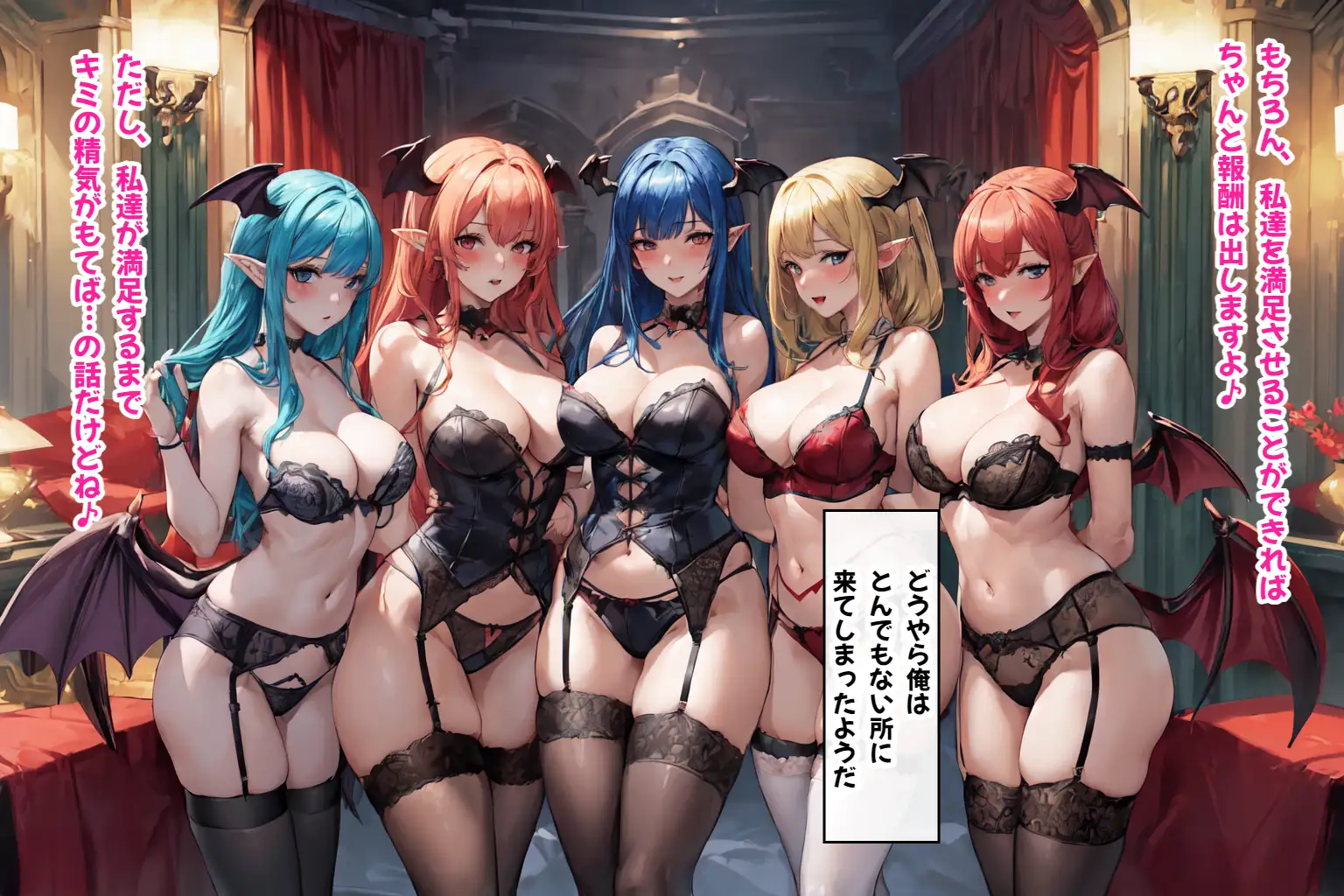 サキュバスハーレム城へようこそ!〜何度精子を搾り取られても終わらないサキュバスだらけのハーレム生活〜【1ぺージ1コマのマンガ風完全ストーリー】 6ページ